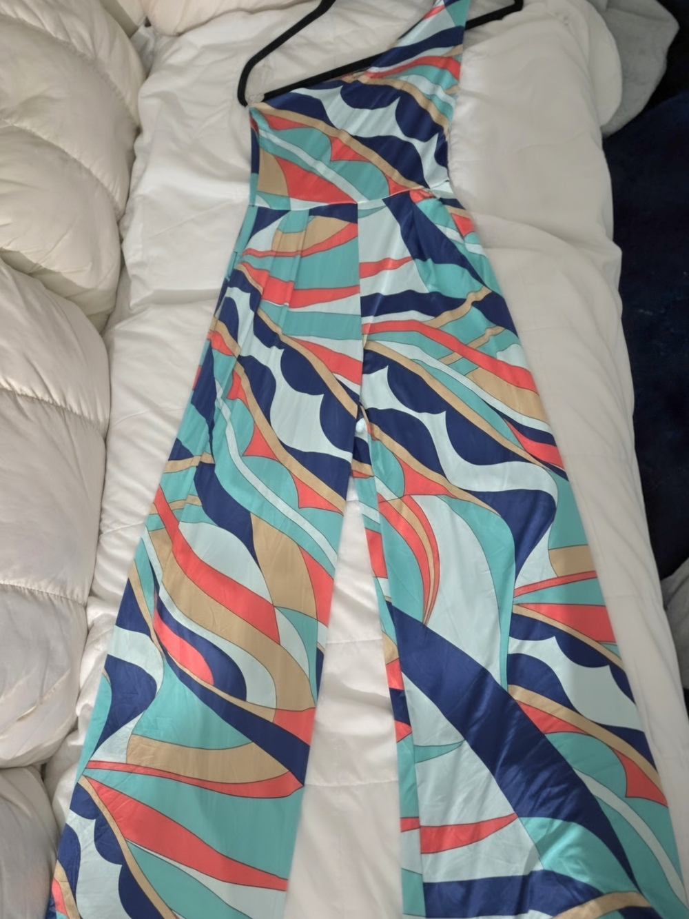 Asymmetrical One-Shoulder Printed Wide-Leg Jumpsuit in Teal & Navy